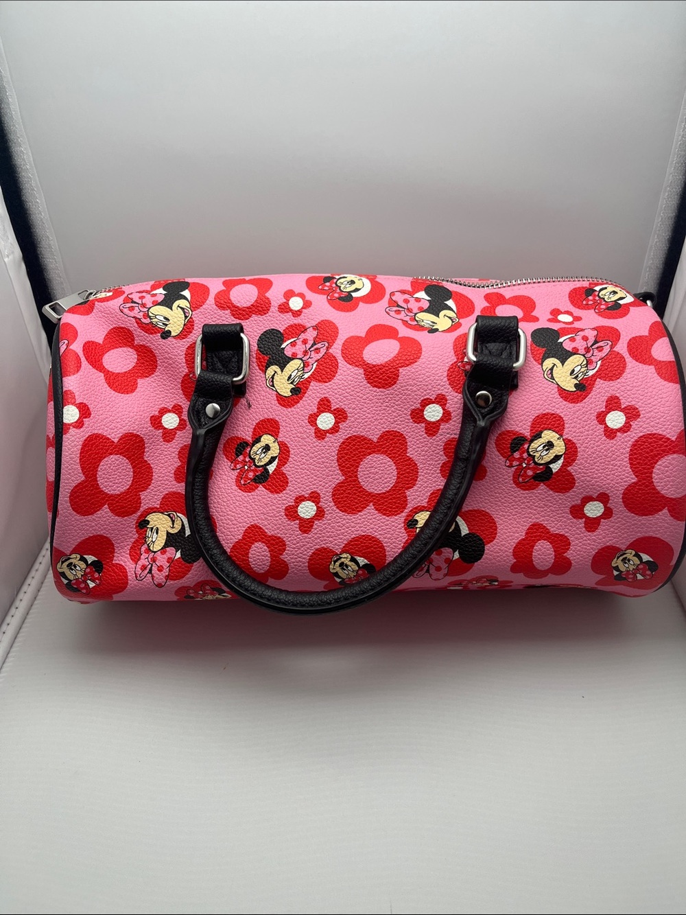 Disney Pink Minnie Mouse Floral Barrel Bag with Black Handles